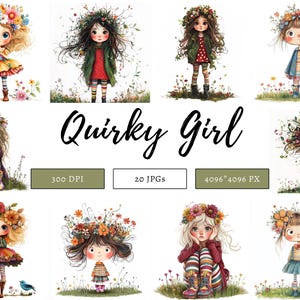 Funny Girl Clipart Bundle png, Watercolor Funny Girl Clipart, Quirky Girl Clipart, Funny Girl png, Girl png, Curly Hair Girl Clipart