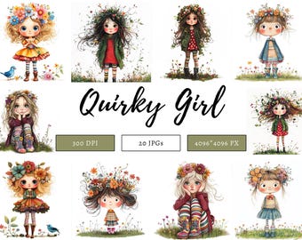 Lustiges Mädchen Clipart Bundle png, Aquarell lustiges Mädchen Clipart, schrulliges Mädchen Clipart, lustiges Mädchen png, Mädchen png, Lockiges Haar Mädchen Clipart