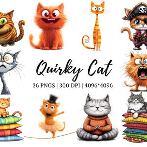 Quirky Cat Clipart png Bundle, Cat Clipart png, Funny Cat Clipart, Cute Cat Clipart, Whimsical Cat Clipart, Cute Animal Clipart, Whimsy Cat