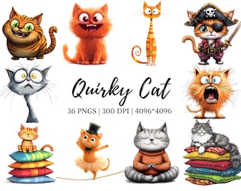 Quirky Cat Clipart png Bundle, Cat Clipart png, Funny Cat Clipart, Cute Cat Clipart, Whimsical Cat Clipart, Cute Animal Clipart, Whimsy Cat
