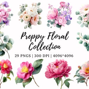 Op de afbeelding: Waterverf bloemen collectie met diverse bloemen in roze, paars en wit, met groene bladeren. De tekst "Preppy Floral Collection" wordt weergegeven, samen met technische details. Deze collectie bevat 29 PNG-afbeeldingen.