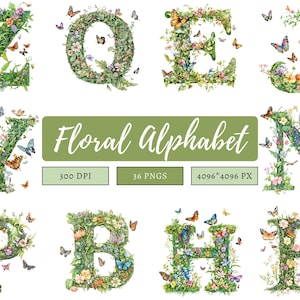 Aquarelle Floral Alphabet Collection Clipart, Clipart Alphabet Floral printemps, Clipart Floral lettre, Alphabet Clipart, Clipart d'étape importante