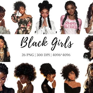 Puede incluir: Ilustraciones digitales de mujeres negras con diferentes peinados y vestimenta. La imagen incluye el texto "Black Girls" en cursiva, junto con detalles técnicos. Las mujeres se muestran en varias poses, algunas con joyas y gafas de sol.