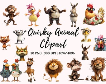Quirky Animal Clipart Bundle png, Whimsical Animal Clipart png, Whimsical Safari Animal Clipart, Animal Clipart Bundle png