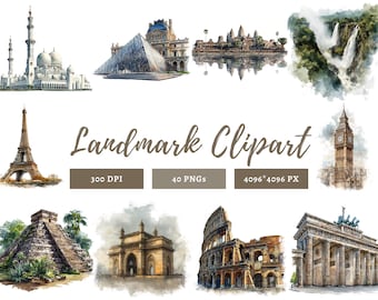 Aquarel landmark clipartbundel, landmark png, populaire landmark clipart, Statue of Liberty clipart, Eiffeltoren clipart, landmark set