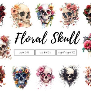 Floral Skull Clipart, Skull Clipart, Watercolor Floral Skull Clipart, Skull Sublimation png, Skull png Bundle, Digital Download