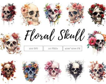 Floral Skull Clipart, Skull Clipart, Watercolor Floral Skull Clipart, Skull Sublimation png, Skull png Bundle, Digital Download