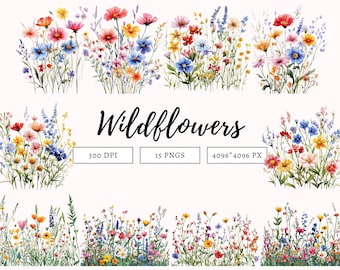 Paquete de imágenes prediseñadas de flores silvestres PNG, paquete de imágenes prediseñadas florales, imágenes prediseñadas florales de acuarela, imágenes prediseñadas de flores silvestres de acuarela, imágenes prediseñadas florales bohemias