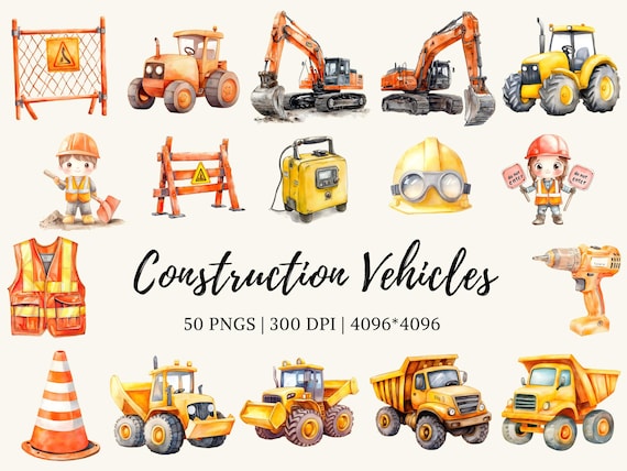 Construction Clipart Bundle, Construction Vehicle Clipart png Bundle, Vehicle Clipart, Construction Truck Clipart, Watercolor Vehicle