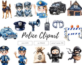 Watercolor Police Clipart png Bundle, Police Clipart, Cute Police Clipart, Police Station Clipart, Police Car Clipart, Police Officer png