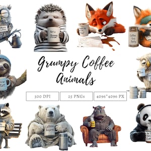 Paquete de 25 imágenes prediseñadas de animales de café gruñón, imágenes prediseñadas de animales de café gruñón, imágenes prediseñadas de animales peculiares, imágenes prediseñadas de animales gruñones png, imágenes prediseñadas de animales lindos