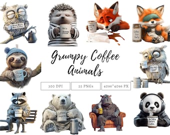 25 不機嫌なコーヒー動物クリップアート バンドル、不機嫌なコーヒー動物 png、風変わりな動物クリップアート、不機嫌な動物クリップアート png、かわいい動物クリップアート