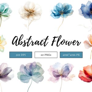 Pacchetto di clipart di fiori astratti, clipart di fiori ad acquerello, png floreali, png di fiori secchi, set di fiori trasparenti, download istantaneo