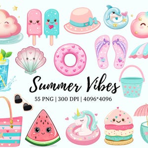 Paquete de imágenes prediseñadas de vibraciones de verano, imágenes prediseñadas de verano, imágenes prediseñadas de playa de acuarela, imágenes prediseñadas de fiesta en la piscina de acuarela, paquete de imágenes prediseñadas de vacaciones