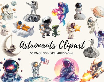 Watercolor Astronaut Clipart, Space Clipart png Bundle, Cute Astronaut Clipart, Outer Space Clipart, Watercolor Planet And Rocket Clipart