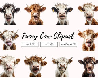 15 Funny Cow Clipart Bundle png, Funny Cow Clipart, Cow Clipart, Cow Head Clipart, Cow png, Cute Cow Clipart, Crazy Cow Clipart Bundle