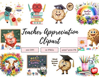 Teacher Appreciation Clipart Bundle png, Watercolor Teacher Appreciation Clipart, Retro Teacher pg Bundle, Teacher png, Digital Download
