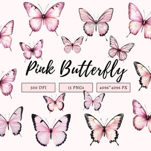 Pacote de clipart de borboleta rosa png, clipart de borboleta, clipart de borboleta rosa aquarela, arte de parede, clipart de borboletas, download digital