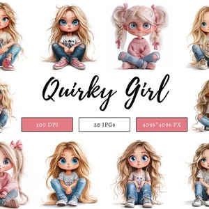 Funny Girl Clipart Bundle png, Watercolor Funny Girl Clipart, Quirky Girl Clipart, Funny Girl png, Girl png, Curly Hair Girl Clipart