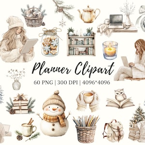Pakiet clipartów planera png, clipart dziewczyny planera akwarelowego, sezon zimowy, clipart słodkości, clipart miłośnika planera, elementy planera png