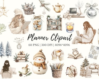 Planer Clipart png Bundle, Aquarell Planer Clipart, WinterSaison, Niedlichkeit Clipart, Planer Liebhaber Clipart, Planerelemente png