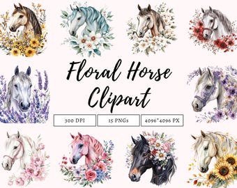 Floral Horse Clipart Bundle png, Watercolor Floral Horse Clipart, Floral Horse Clipart, Horse Clipart, Animal Clipart, Boho Floral Horse