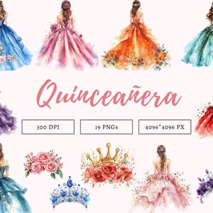 Set di clipart ad acquerello per Quinceanera, PNG per Quinceanera, Clipart per Quinceanera, Clipart di fiori e corona, Clipart per corona di Quinceanera