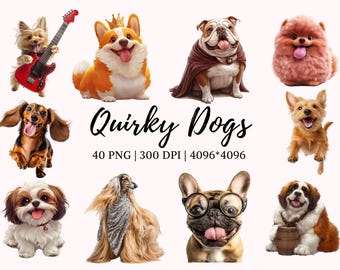 Quirky Dog Clipart png Bundle, Watercolor Quirky Dog Clipart, Quirky Dog Breed Clipart, Pet Breed Clipart, Whimsical Dog png, Animal Clipart