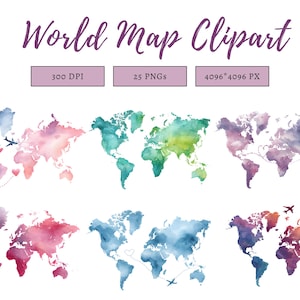 Könnte beinhalten: Aquarell-Weltkarten-Clipart in verschiedenen Farben, darunter Rosa, Blau, Grün und Lila. Jede Karte zeigt ein Flugzeug und gepunktete Linien mit Herzen. Der Text lautet: "World Map Clipart", "300 DPI", "25 PNGs" und "4096 * 4096 PX".