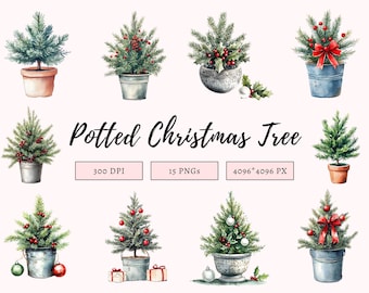 Potted Christmas Tree Clipart png Bundle, Watercolor Christmas Tree Clipart, Christmas Tree Clipart, Christmas png, Tree png