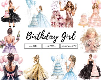 Watercolor Birthday Girl Clipart Bundle Birthday Girl Clipart png, Quirky Birthday Girl Clipart, Birthday Clipart png, Printable Clipart png