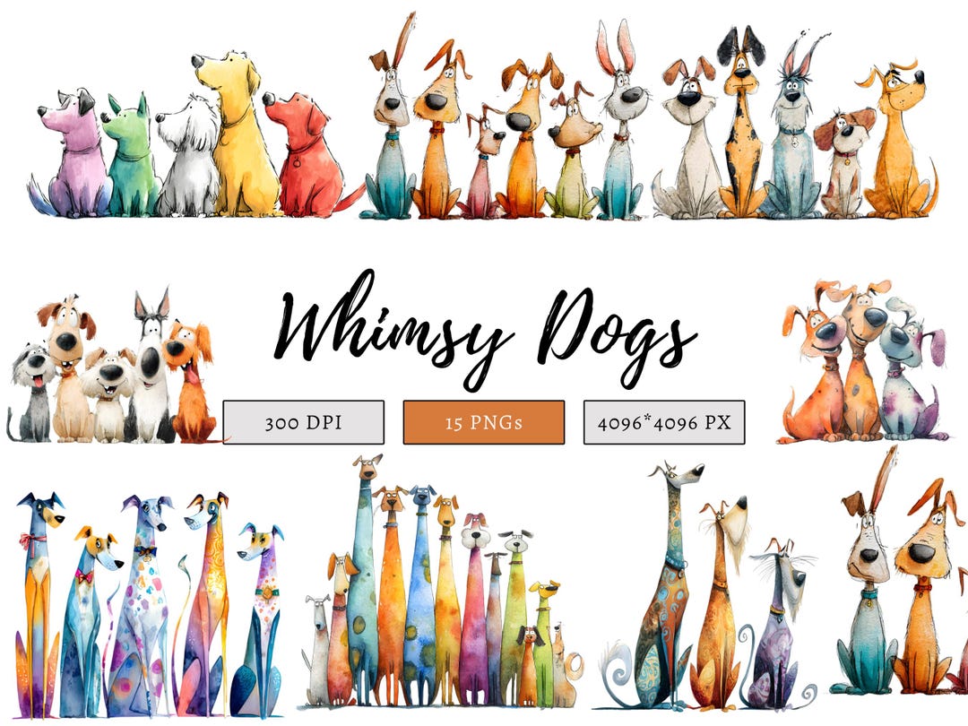 Whimsical Dogs Clipart Bundle, Watercolor Animal Clipart, Whimsy Dogs ...