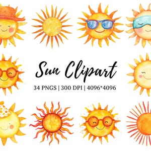 Sun Clipart png Bundle, Watercolor Sun Clipart png, Sun png, Cute Sun Clipart, Sun Rise Clipart, Sun Shine Clipart, Digital Download