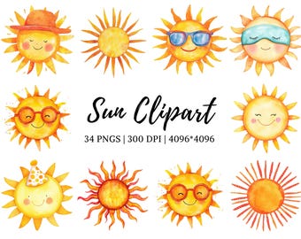Sun Clipart png Bundle, Watercolor Sun Clipart png, Sun png, Cute Sun Clipart, Sun Rise Clipart, Sun Shine Clipart, Digital Download
