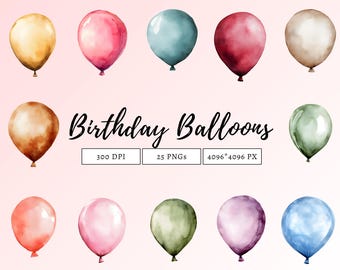 Birthday Balloon Clipart Bundle, Party Balloon Clipart, Birthday Décor Clipart, Balloons Frame Clipart Bundle, Watercolor Birthday Balloon