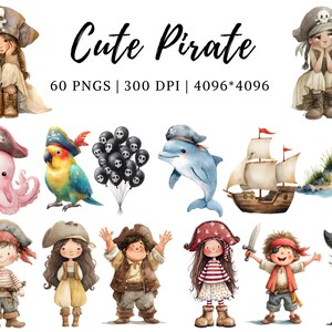 May include: A collection of watercolour illustrations featuring cute pirate-themed characters and objects. The image includes a parrot, octopus, dolphin, and a pirate ship, along with several children dressed as pirates. Text reads "Cute Pirate".