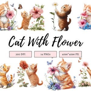 Sweet Cat Clipart Bundle, Cute Cat With Flower Clipart, Kitten Clipart Bundle, Baby Cat Clipart, Cat Clipart, Printable Cartoon Clipart