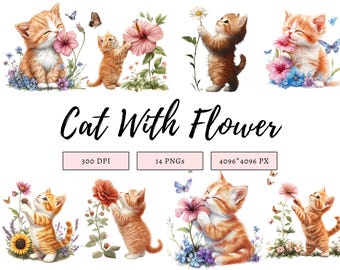 Sweet Cat Clipart Bundle, Cute Cat With Flower Clipart, Kitten Clipart Bundle, Baby Cat Clipart, Cat Clipart, Printable Cartoon Clipart
