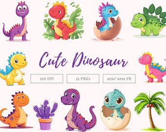 Watercolor Cute Dinosaur Clipart Bundle, Cartoon Dinosaur Clipart png, Dinosaur png, Printable Dino png, Dino Clipart, Babu Dinosaur Clipart