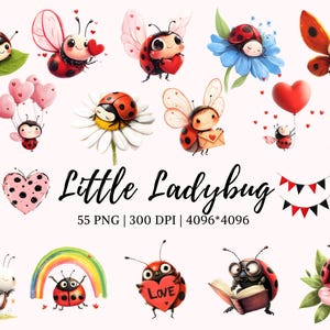 Aquarelle mignonne coccinelle Clipart Bundle png, clipart coccinelle png, clipart amoureux de coccinelle kawaii, png Saint Valentin, téléchargement numérique