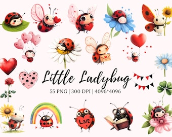 Watercolor Cute Ladybug Clipart Bundle png, Ladybug Clipart png, Kawaii Ladybug Lovers CLipart, Valentines Day png, Digital Download