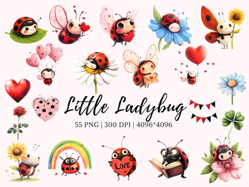 Watercolor Cute Ladybug Clipart Bundle Png, Ladybug Clipart Png, Kawaii ...