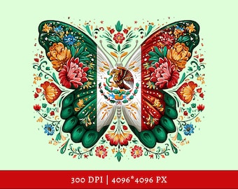 Mexico Butterfly Clipart, Mexico Butterfly png, Patriotic png, Mexican Flag Clipart, Flowers png, T-Shirt Design, Sublimation png