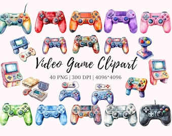 以下が含まれることがあります： 様々な色合いのビデオゲームコントローラーのウォーターカラーイラスト40点セット。コントローラーは、クラシック、モダン、ハンドヘルドなど、さまざまなスタイルがあります。イラストは、デジタルまたは印刷されたプロジェクトでの使用に最適です。