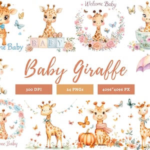 Baby Giraffe Clipart, Welcome Baby Clipart, Watercolor Baby Giraffe png, Cute Giraffe Clipart, Baby Shower, Nursery Decor, Cute Baby Animal