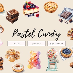 Watercolor Pastel Sweets Clipart Bundle png, Pastel Candy Clipart, Pastel Sweets Clipart, Rainbow Sweet Clipart png, Cotton Candy Clipart