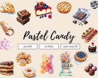 Pacchetto di clipart di dolci pastello acquerellati png, clipart di caramelle pastello, clipart di dolci pastello, clipart di dolci arcobaleno png, clipart di zucchero filato