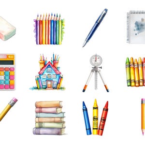 watercolor clipart
back to school png
school supplies png
teachers clipart set
stationary clipart
retro school clipart
school bus clipart
pastel school png
kids craft and art
cute school supplies
cute classroom png
cute school sticker
school graphics