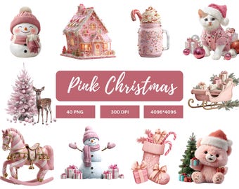Watercolor Pink Christmas png Bundle, Pink Christmas Clipart, Cute Pink Christmas png, Cozy Pink Christmas Clipart, Winter Xmas Clipart