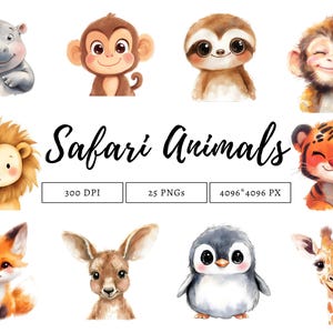Safari Animal Clipart png Bundle, Aquarela Safari Animal Clipart, Animais Da Selva Clipart, Animal Clipart, Berçário Animal Clipart png